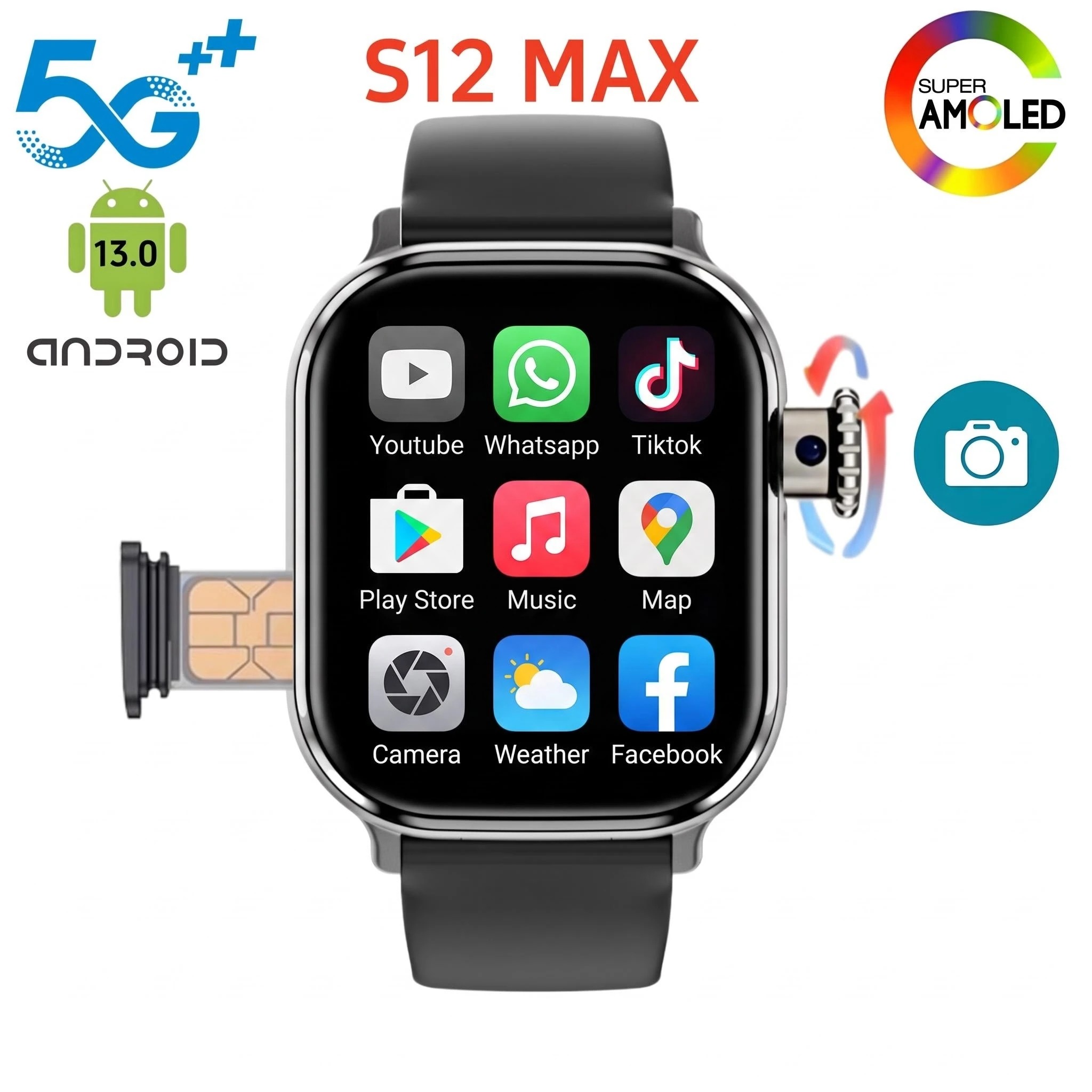 Nutrition Gym - Smartwatch S12 com ecrã AMOLED, 5G